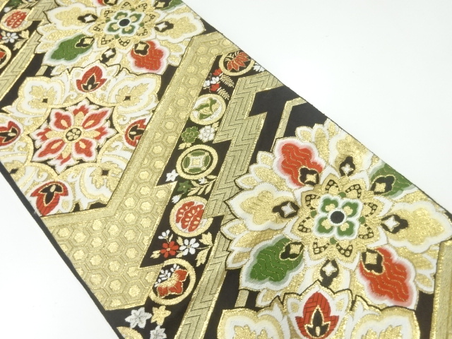 JAPANESE KIMONO / ANTIQUE FUKURO OBI / WOVEN FLORAL CREST